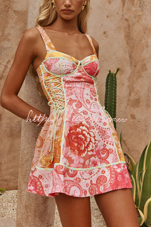 Sweet Floral Print Square Neck Suspender Slim-fit Mini Dress