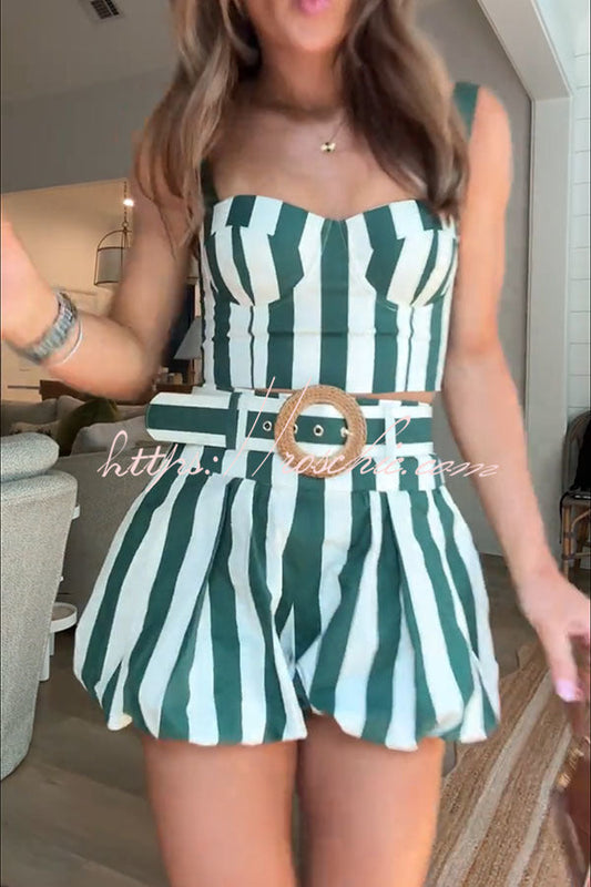Claudine Striped Heart-shaped Smocked Tank and Raffia Buckle Belted Pocket Bubble Shorts Set