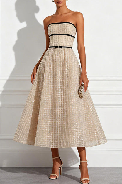 Stardust Plaid and Sequin Bow Patchwork Detail Strapless A-line Midi Dress