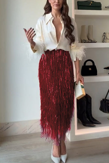 Party Crasher Layered Sequined Tassels High Rise Back Zipper Midi Skirt (Shipped Within 24 Hours)