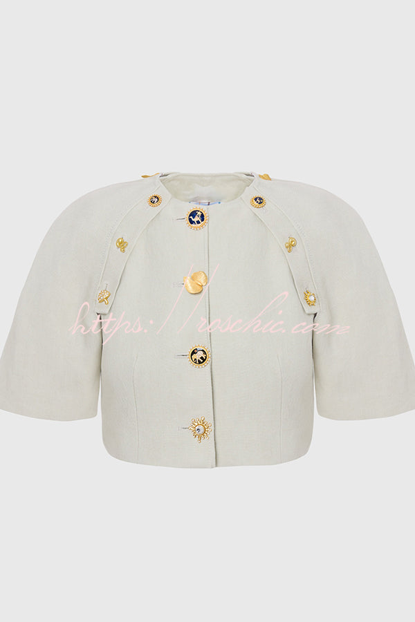 Custom Look Linen Blend Unique Metal Pattern Buttons Slit Half Sleeve Crop Jacket