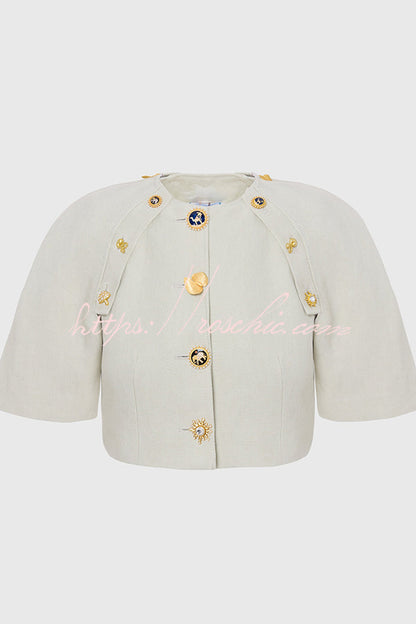 Custom Look Linen Blend Unique Metal Pattern Buttons Slit Half Sleeve Crop Jacket