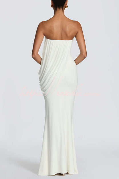 Vienna Modal Jersey Ruched Asymmetric Draped Mesh Strapless Maxi Dress