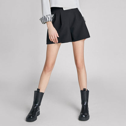Black Pleat Detail High Waisted Shorts