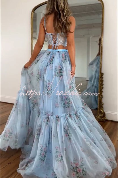 Vita Floral Satin Bow Lace Back Lace-up Crop Tank and Tulle High Rise A-line Maxi Skirt Set