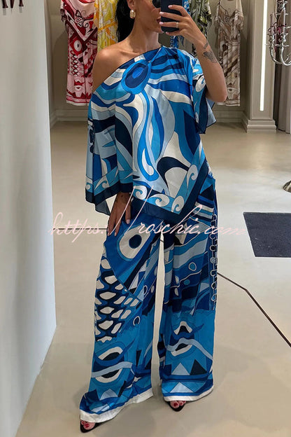 Luxe Resort Satin Unique Print Cape-style Top and Elastic Waist Pocket Wide Leg Pants Set