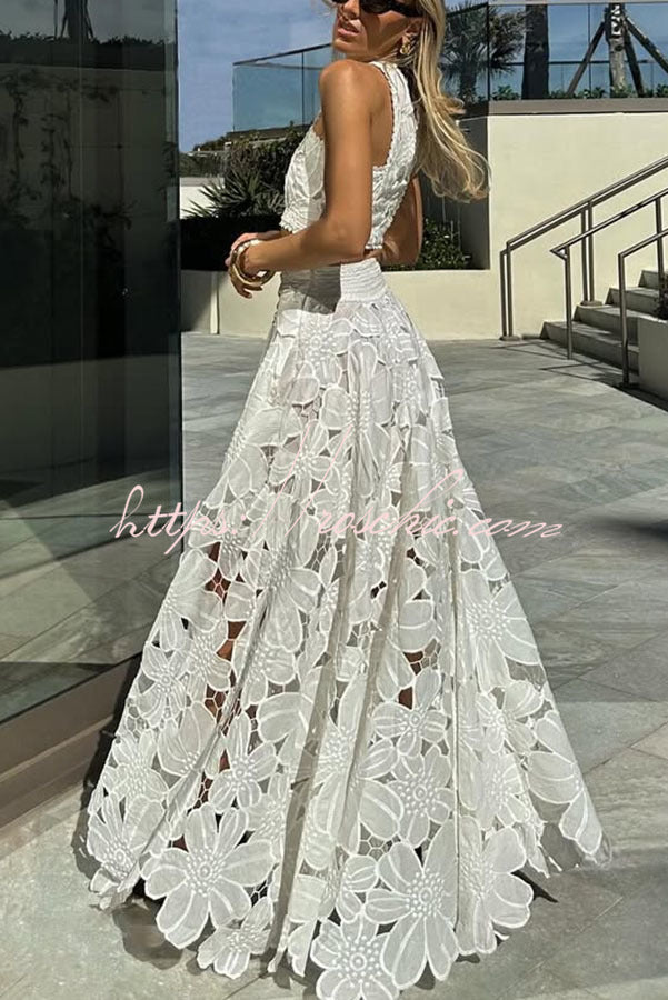 Next Trip Floral Embroidery Crochet Lace Crop Tank Top and Elastic Waist Pocket Maxi Skirt Set