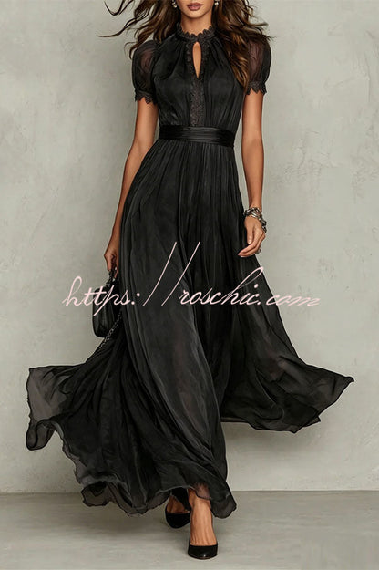 Elegant Lace Trim Keyhole Puff Sleeve Flowing Chiffon Maxi Dress