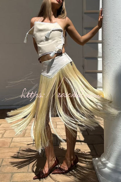 Fashionable Lace Appliqu¨¦ Tassel Hem Vacation Maxi Skirt