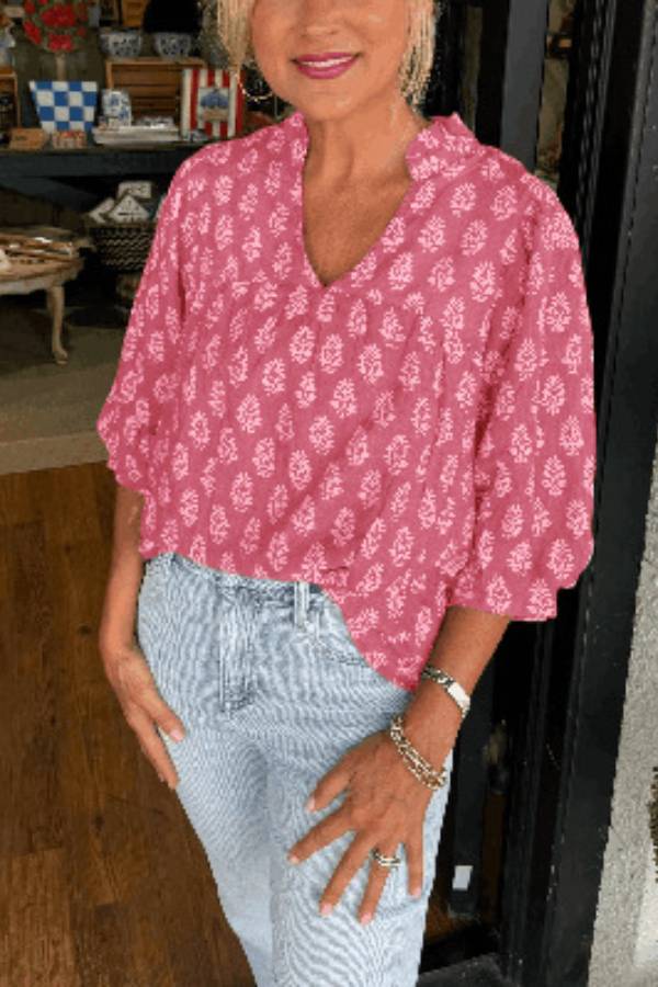 Vintage Floral Print V-Neck Puff Sleeve Casual Blouse