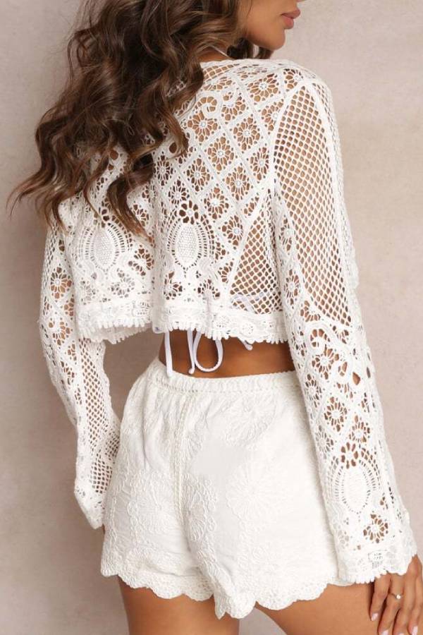 White Hollow Crochet Flare Sleeve Crop Cover Up Top