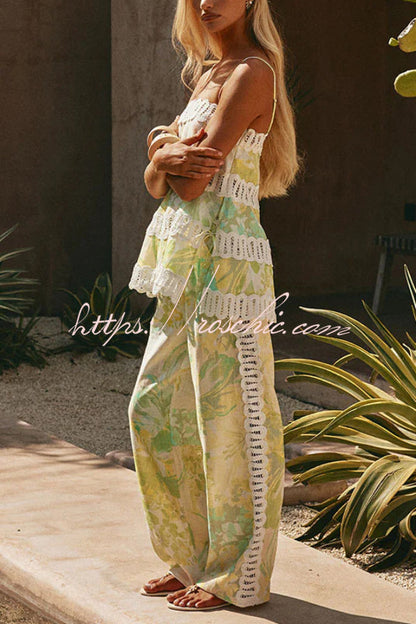 Summer Elegant Printed Curved Crochet Trim Camisole Top and Elastic Waist Casual Pocket Wide-leg Pants Set