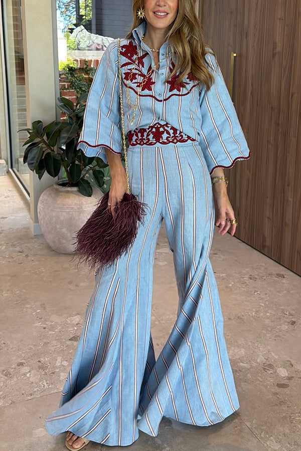 Delirio Linen Blend Floral Embroidery and Stripes Print High Rise Flare Hem Pants