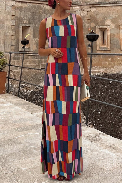 Retro Chic Linen Blend Colorful Color Block Plaid Round Neck Sleeveless Maxi Dress