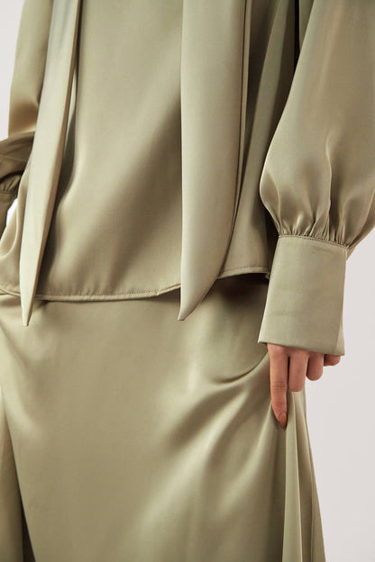 Dark Khaki Satin Ballon Sleeve Blouse