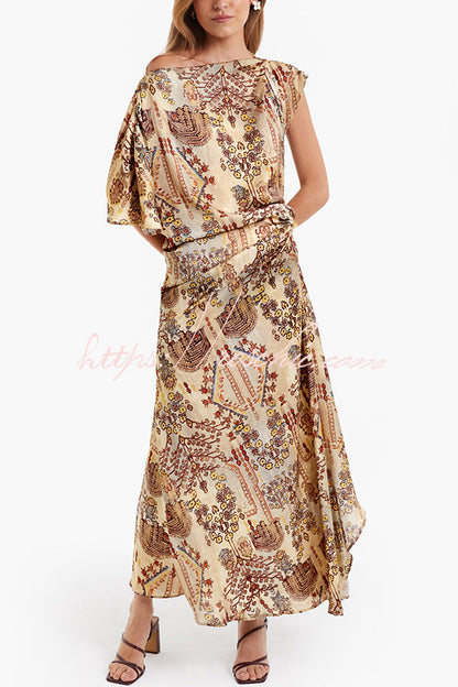 Cassie Satin Unique Print One Shoulder Ruched Waist Asymmetrical Hem Maxi Dress