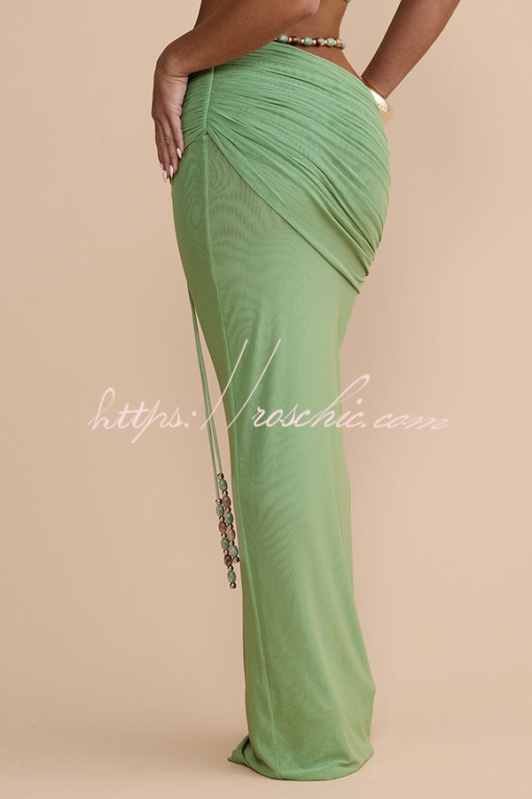 Emara Stretch Mesh Hand Beaded Detachable Belt Gathered Waist Vacation Maxi Skirt