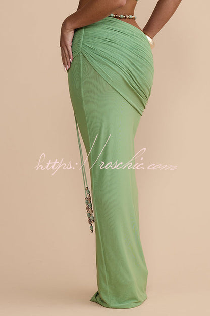 Emara Stretch Mesh Hand Beaded Detachable Belt Gathered Waist Vacation Maxi Skirt