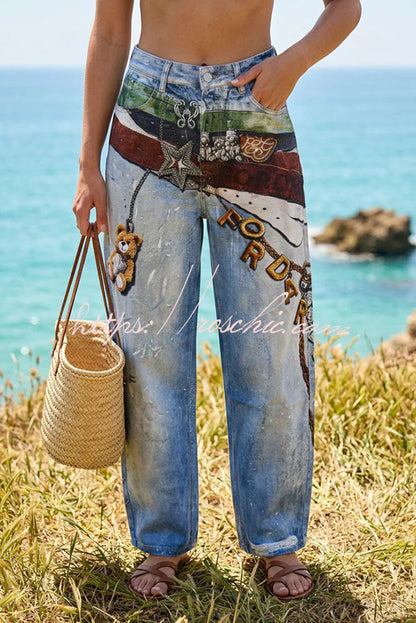 Street Graffiti Denim Unique and Fun Prints High Rise Pocket Straight Leg Jeans