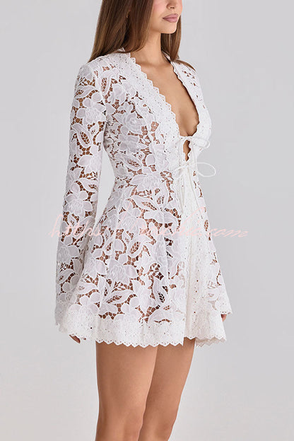 Bianca Lace Floral Pattern Lace Trim Tie-up V-neck Long Sleeve Mini Dress