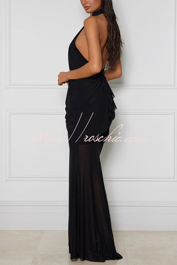 Touch of Drama Mesh Butterfly Metal Clips One Shoulder Backless Maxi Dress