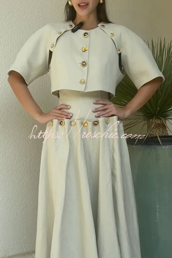 Custom Look Linen Blend Unique Metal Pattern Buttons Slit Half Sleeve Crop Jacket