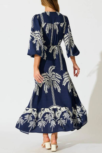 Tropical Palm Print V-Neck Waisted Maxi Dress