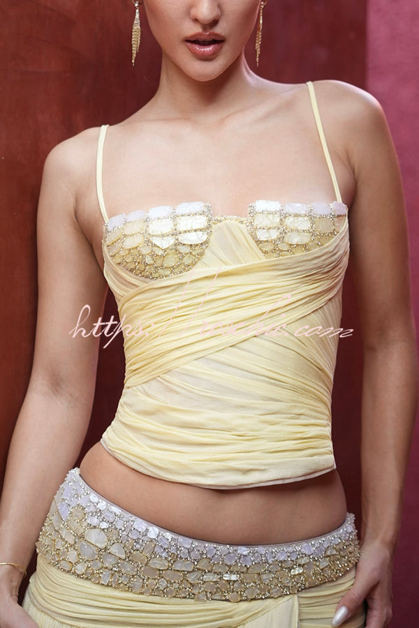 Romantic Sunset Pleated Chiffon Crystals & Beads Detail Back Lace-up Slip Tank