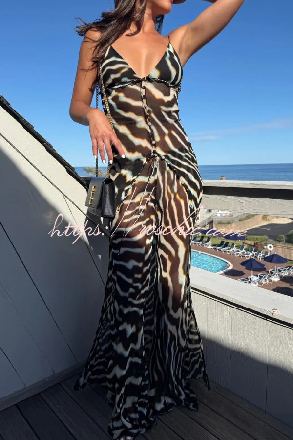 Zebra Print V-neck Camisole Long Mesh Top