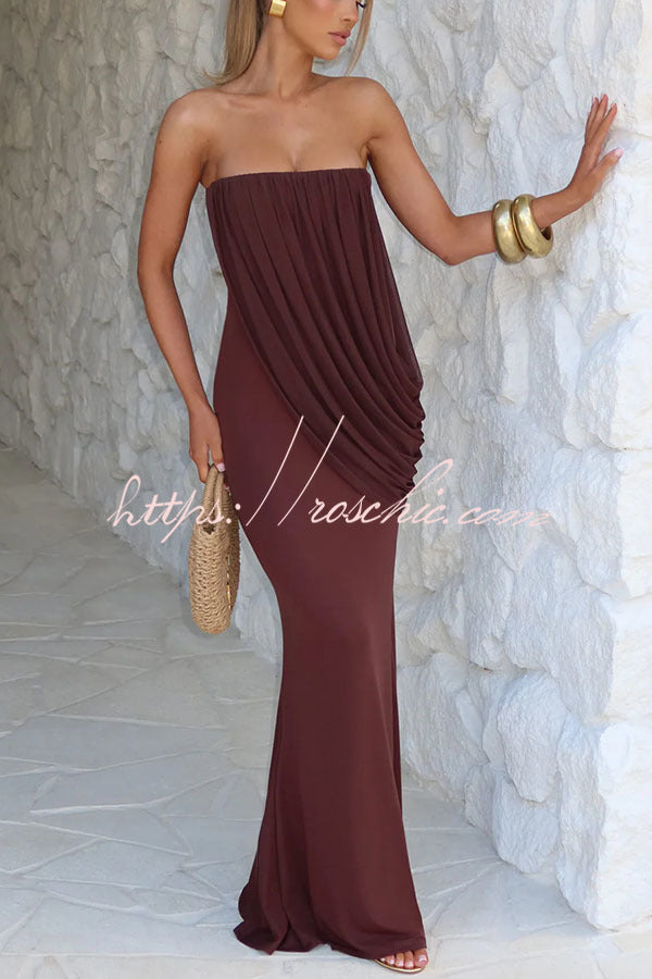 Vienna Modal Jersey Ruched Asymmetric Draped Mesh Strapless Maxi Dress