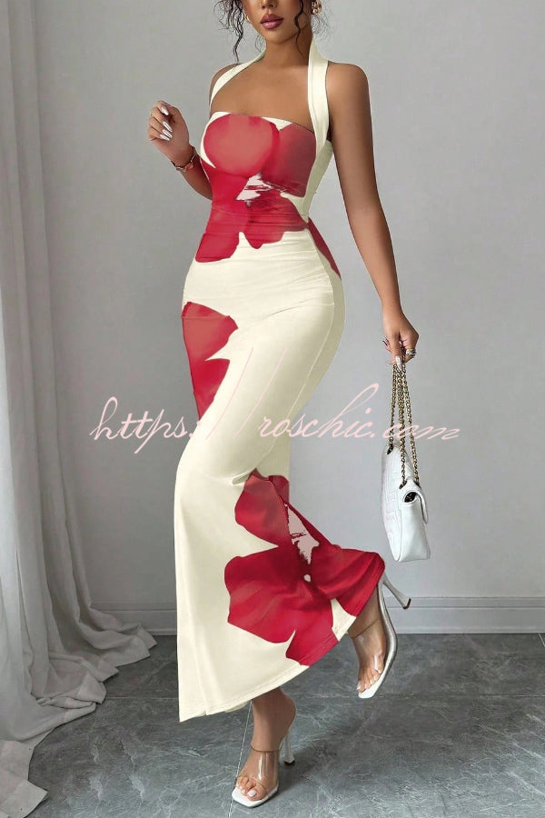 Floral Print Halter Neck Backless Slim-fit Maxi Dress