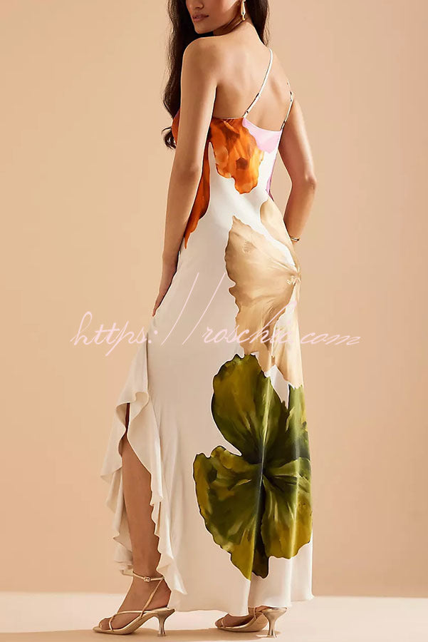 Love Filled Floral Print One Shoulder Side Ruffles Maxi Slip Dress