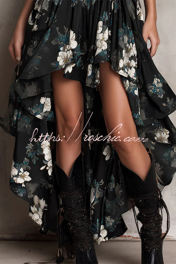 Midnight Wildflower High-Low Ruffle Floral Dress