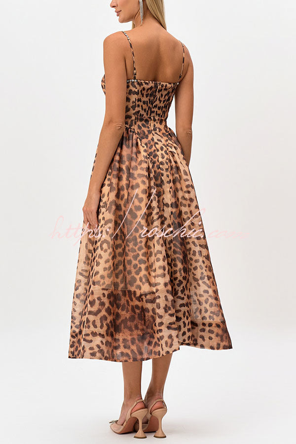 Jessika Leopard Print Rhinestone Trim Back Smocked Pocket Slip Midi Dress