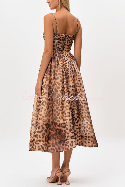Jessika Leopard Print Rhinestone Trim Back Smocked Pocket Slip Midi Dress