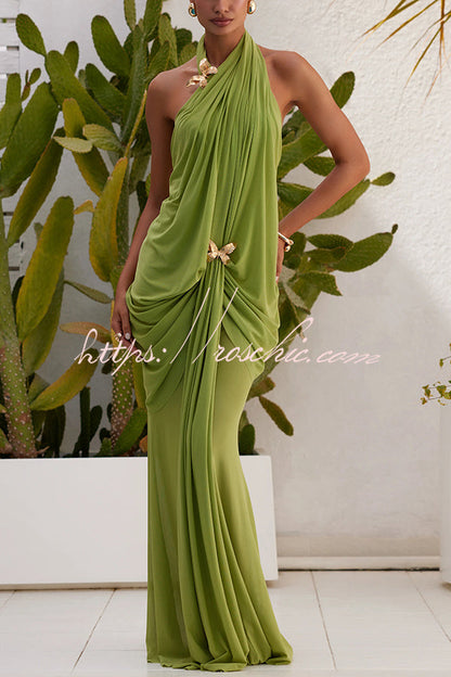 Touch of Drama Mesh Butterfly Metal Clips One Shoulder Backless Maxi Dress