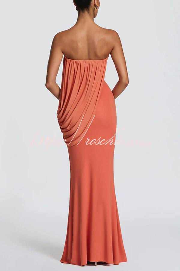 Vienna Modal Jersey Ruched Asymmetric Draped Mesh Strapless Maxi Dress