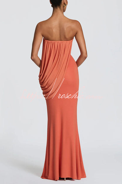 Vienna Modal Jersey Ruched Asymmetric Draped Mesh Strapless Maxi Dress