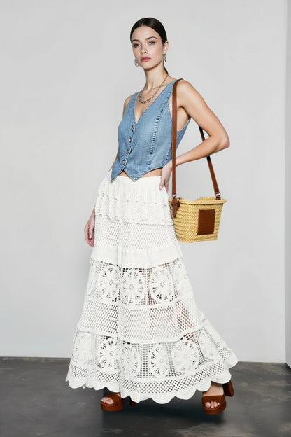 Boho Lace Hollow Draped Vacation Skirt