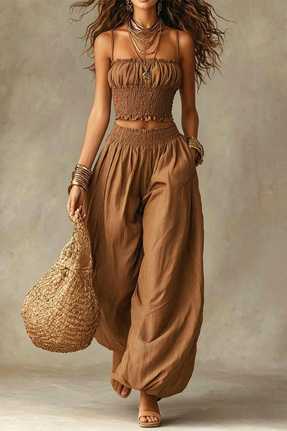 Olive Gypsy  pleated crop top and high-waisted wide-leg pants set