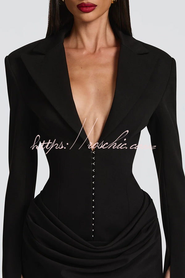 Solid Color Slim-fit V-neck Elegant Draped Formal Mini Dress