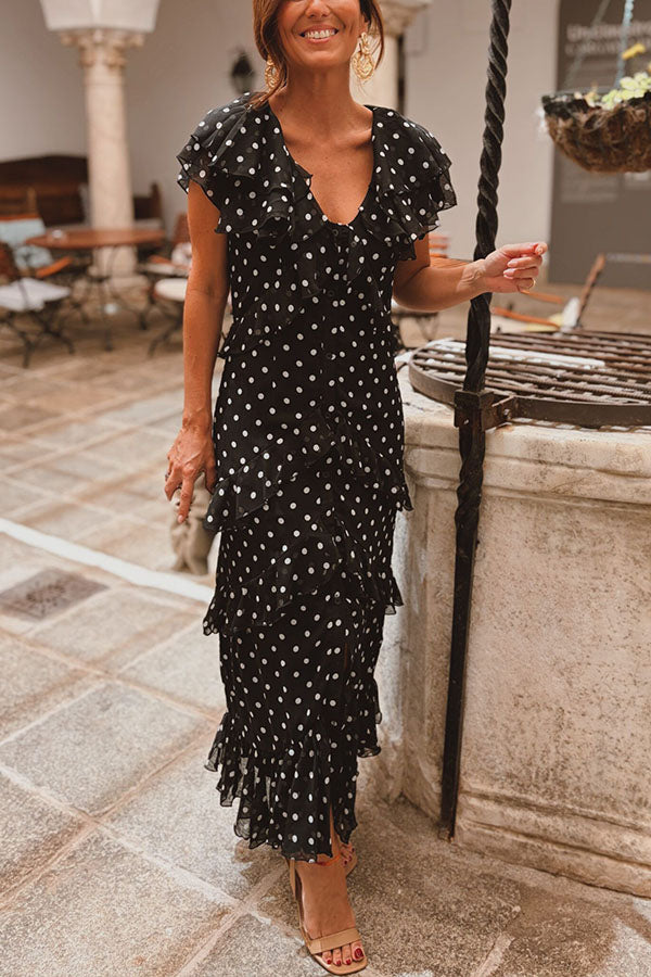 Soft and Feminine Chiffon Polka Dot Print Button Up Tiered Ruffles Maxi Dress
