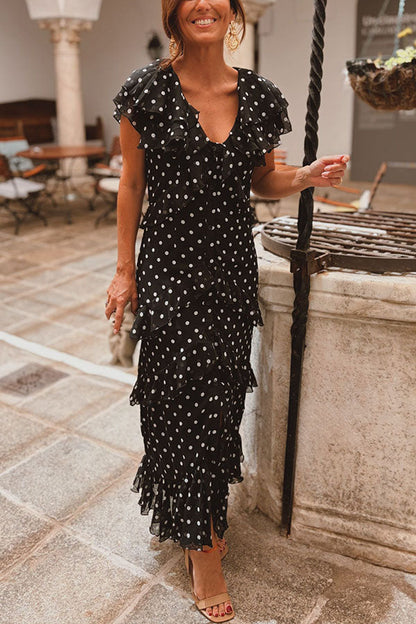 Soft and Feminine Chiffon Polka Dot Print Button Up Tiered Ruffles Maxi Dress