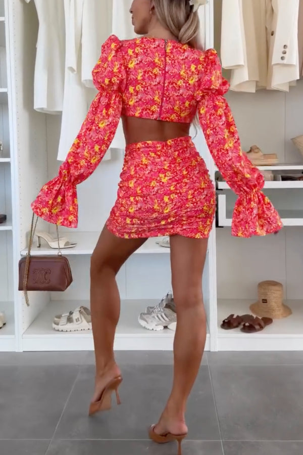 Orange Floral Puff Sleeve Cutout Bodycon Mini Dress