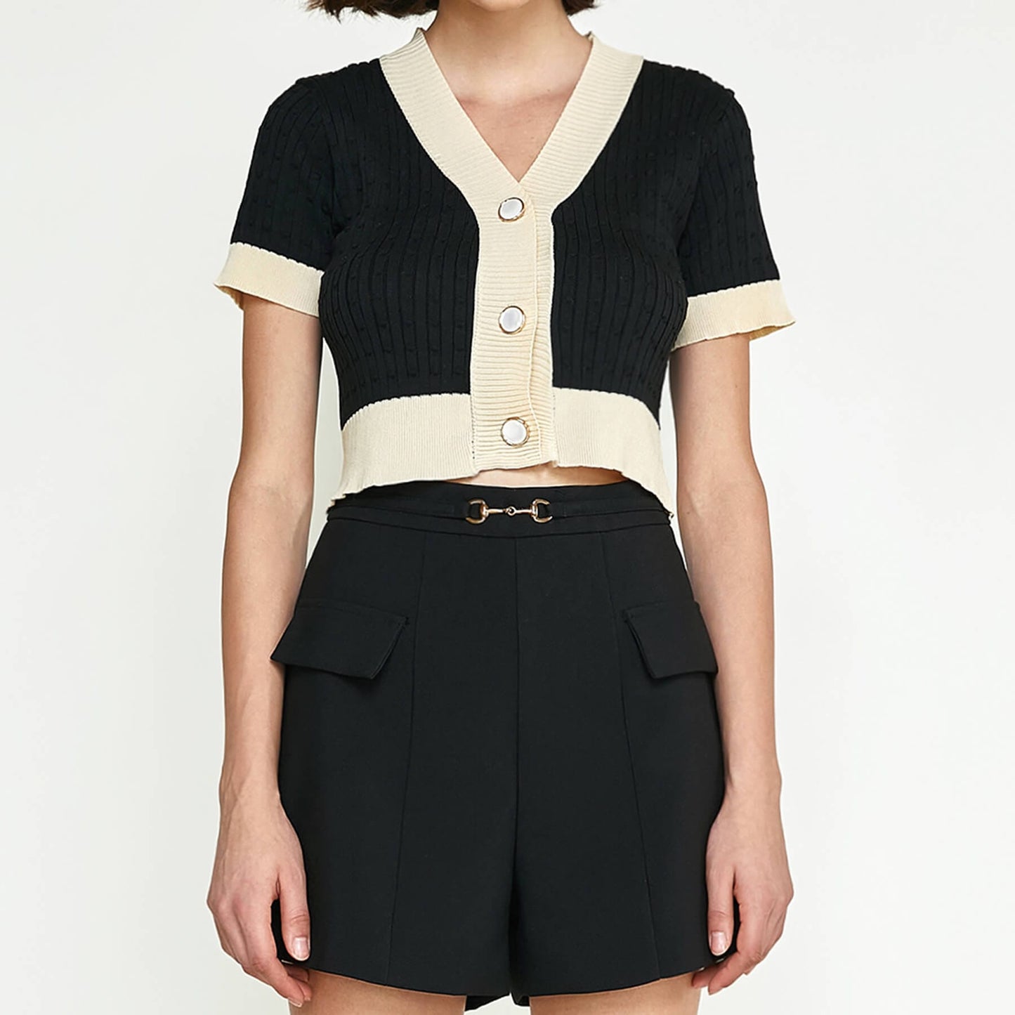 Black Contrast Trim Button-Up Cable Knit Cropped Cardigan