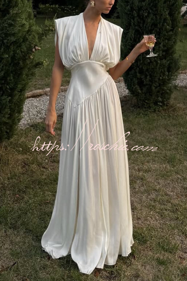 Elegant V-neck Sleeveless Fitted Waist High Slit Vacation Maxi Dress