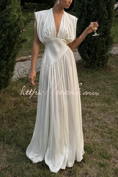 Elegant V-neck Sleeveless Fitted Waist High Slit Vacation Maxi Dress