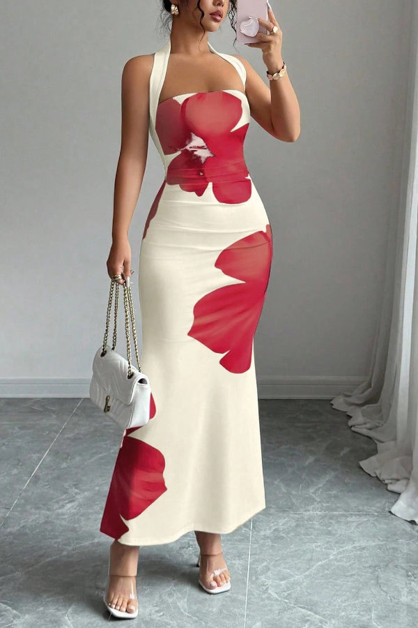 Floral Print Halter Neck Backless Slim-fit Maxi Dress