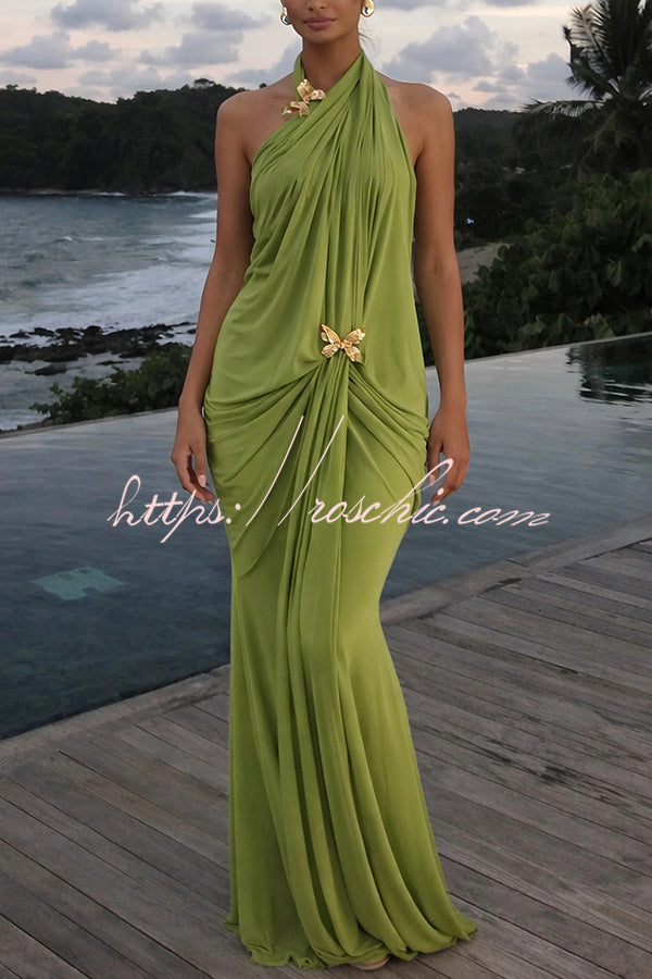 Touch of Drama Mesh Butterfly Metal Clips One Shoulder Backless Maxi Dress