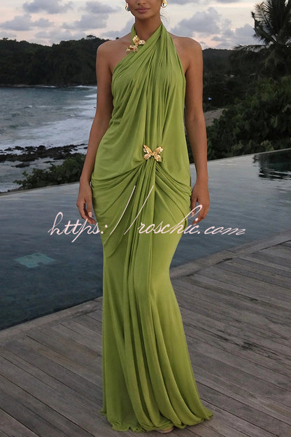 Touch of Drama Mesh Butterfly Metal Clips One Shoulder Backless Maxi Dress